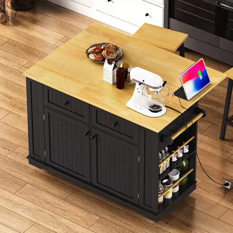 Isola da Cucina con Contenitore, Carrelli da Cucina Mobili con Piano Ribaltabile, Presa di Corrente, Ripiani, Cassetti e Ruote Bloccabili Bianco