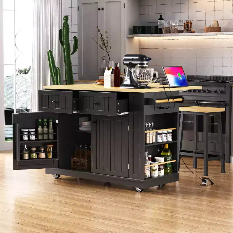 Isola da Cucina con Contenitore, Carrelli da Cucina Mobili con Piano Ribaltabile, Presa di Corrente, Ripiani, Cassetti e Ruote Bloccabili Bianco