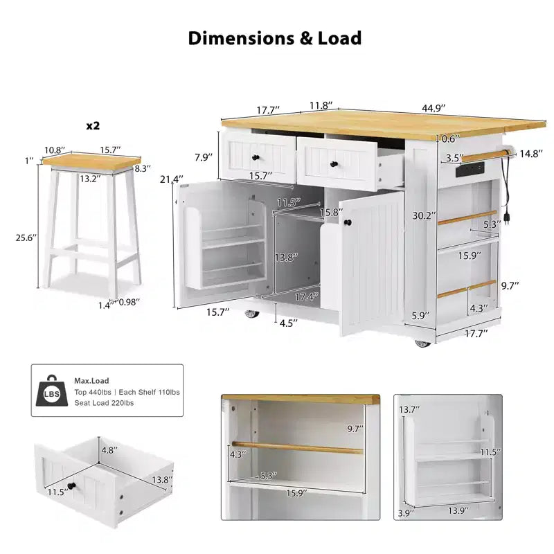 Isola da Cucina con Contenitore, Carrelli da Cucina Mobili con Piano Ribaltabile, Presa di Corrente, Ripiani, Cassetti e Ruote Bloccabili Bianco