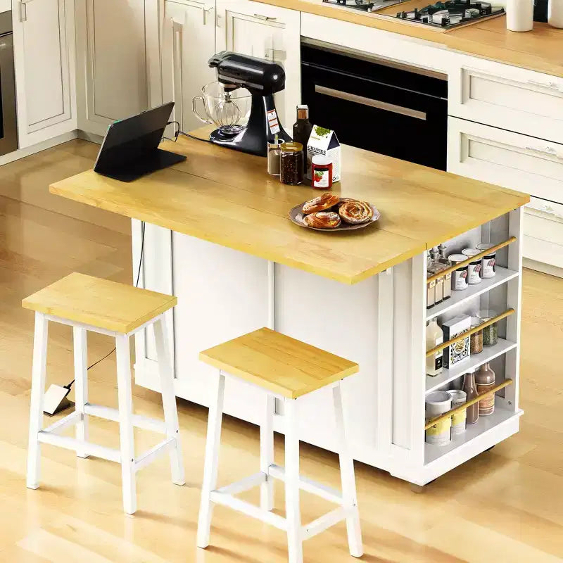 Isola da Cucina con Contenitore, Carrelli da Cucina Mobili con Piano Ribaltabile, Presa di Corrente, Ripiani, Cassetti e Ruote Bloccabili Bianco