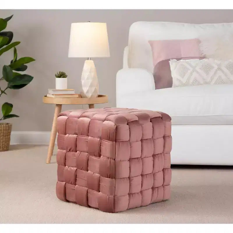 Pouf Ottomano Intrecciato Quadrato da 40 cm, Lussuoso Poggiapiedi d'Appoggio in Velluto per Soggiorno e Toilette, Capacità 113 kg