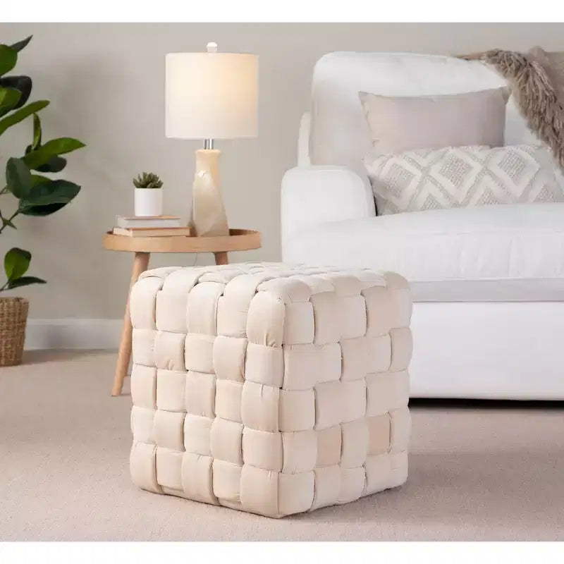 Pouf Ottomano Intrecciato Quadrato da 40 cm, Lussuoso Poggiapiedi d'Appoggio in Velluto per Soggiorno e Toilette, Capacità 113 kg