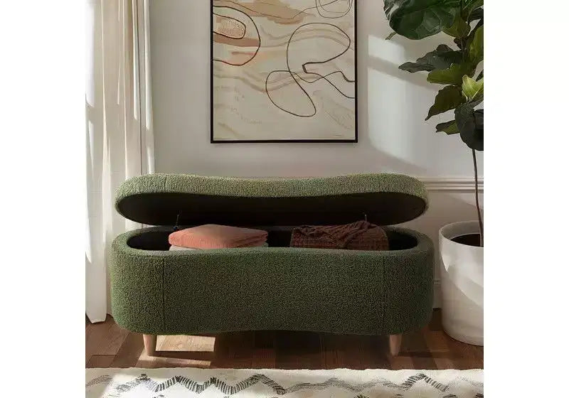 Panca Pouf da Fondo Letto da 48" in Peluche Boucle con Contenitore e Gambe in Legno, Capacità 181 kg