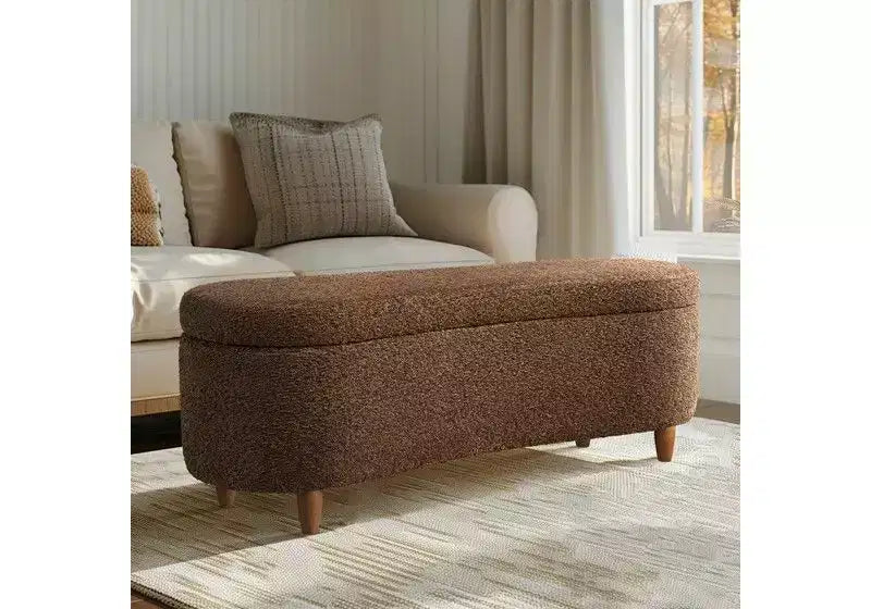 Panca Pouf da Fondo Letto da 48" in Peluche Boucle con Contenitore e Gambe in Legno, Capacità 181 kg
