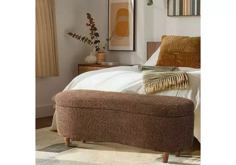 Panca Pouf da Fondo Letto da 48" in Peluche Boucle con Contenitore e Gambe in Legno, Capacità 181 kg