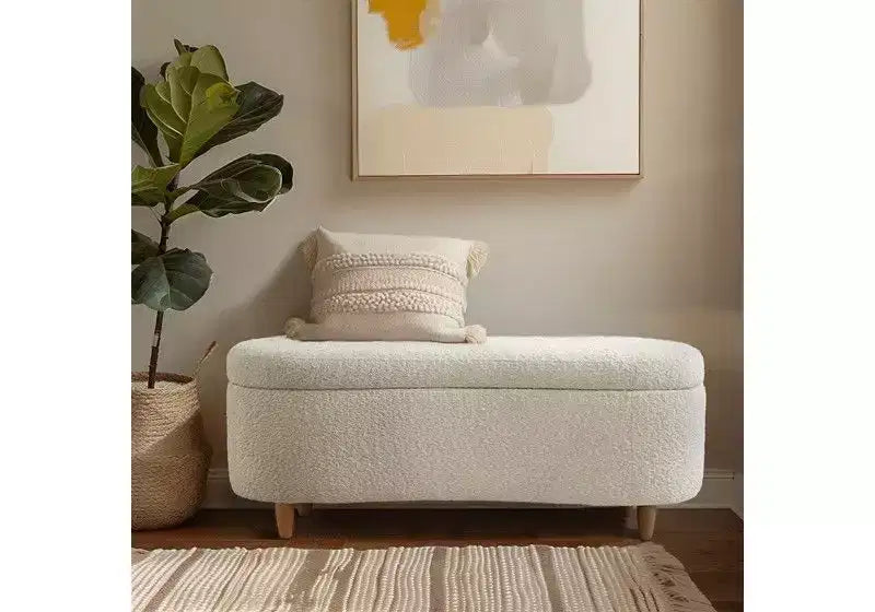Panca Pouf da Fondo Letto da 48" in Peluche Boucle con Contenitore e Gambe in Legno, Capacità 181 kg