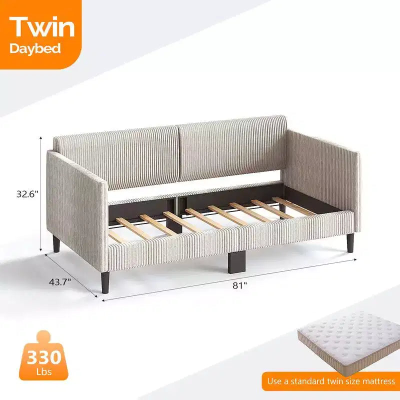 Daybed singolo imbottito in velluto a coste, comodo divano letto per gli ospiti