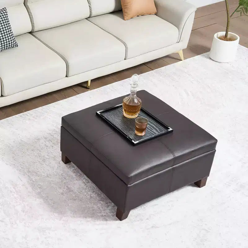 Pouf quadrato in pelle da 28" con contenitore, pouf/tavolino capitonné con coperchio ribaltabile, pelle PU, marrone scuro