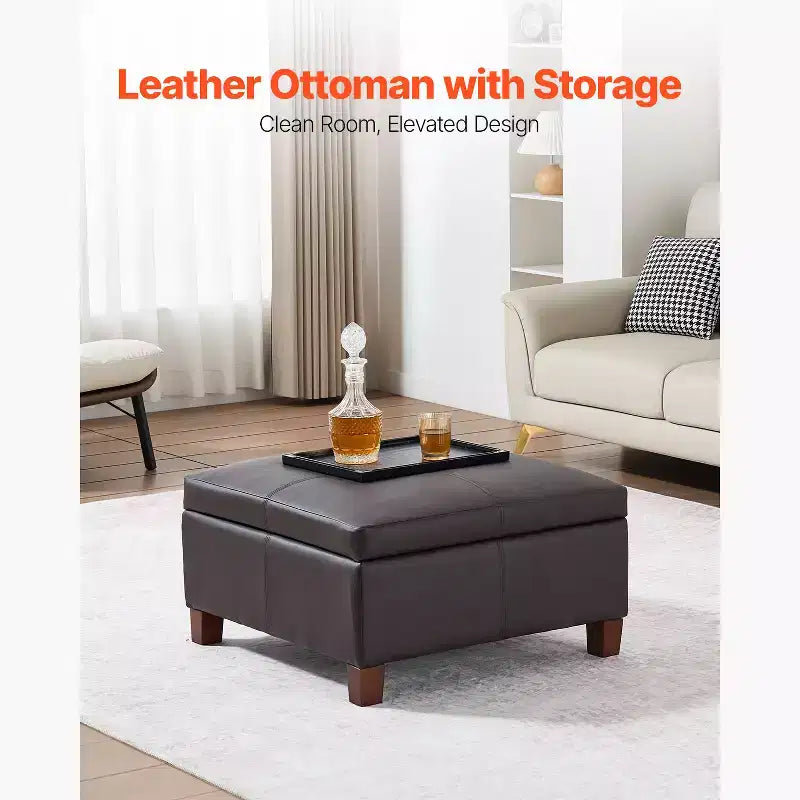 Pouf quadrato in pelle da 28" con contenitore, pouf/tavolino capitonné con coperchio ribaltabile, pelle PU, marrone scuro