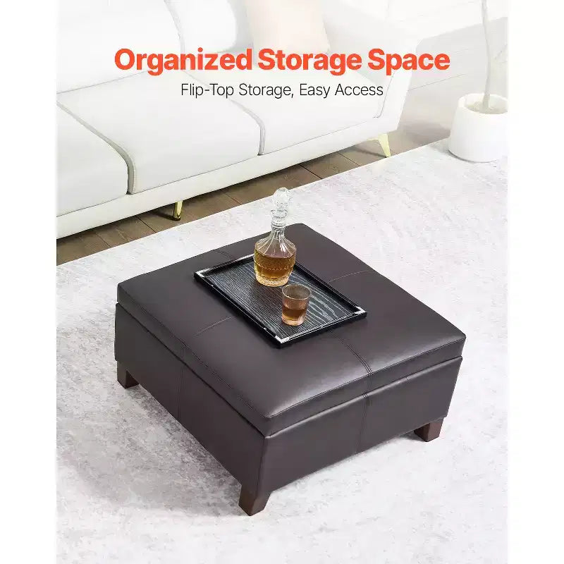 Pouf quadrato in pelle da 28" con contenitore, pouf/tavolino capitonné con coperchio ribaltabile, pelle PU, marrone scuro