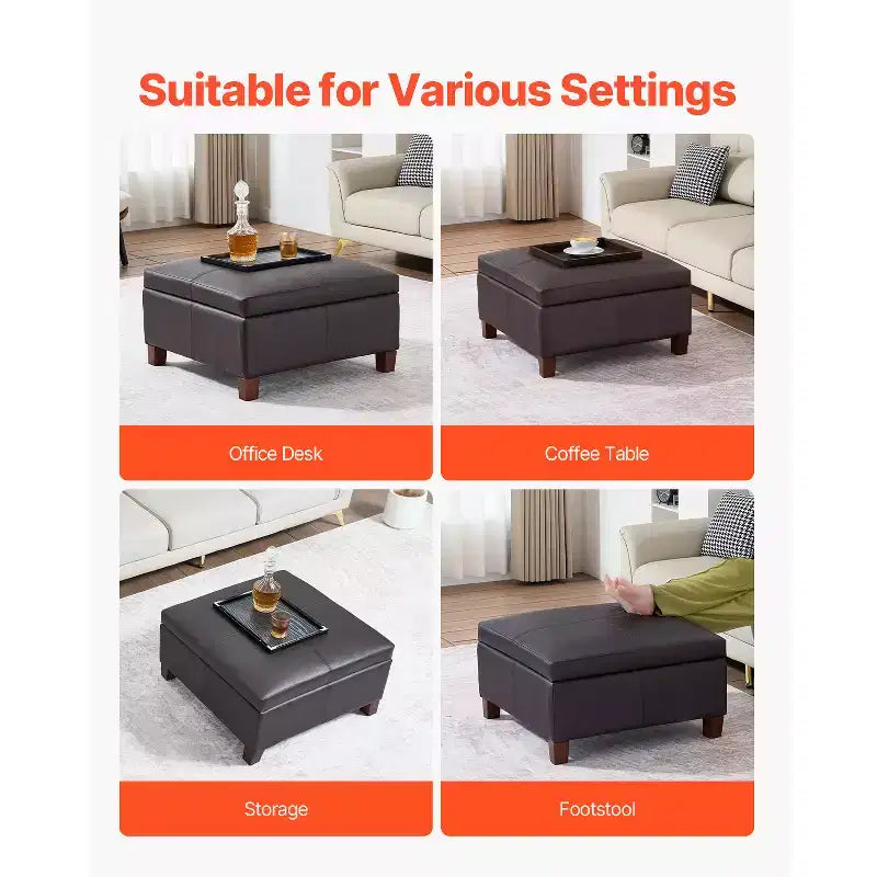 Pouf quadrato in pelle da 28" con contenitore, pouf/tavolino capitonné con coperchio ribaltabile, pelle PU, marrone scuro
