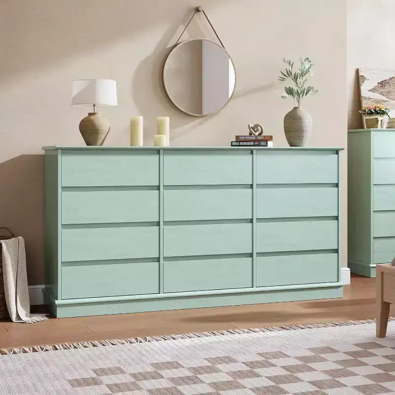 Comodino a 5-12 cassetti per camera da letto, Comodino grande doppio con cassetti profondi e piano largo, Cassettiera alta in legno