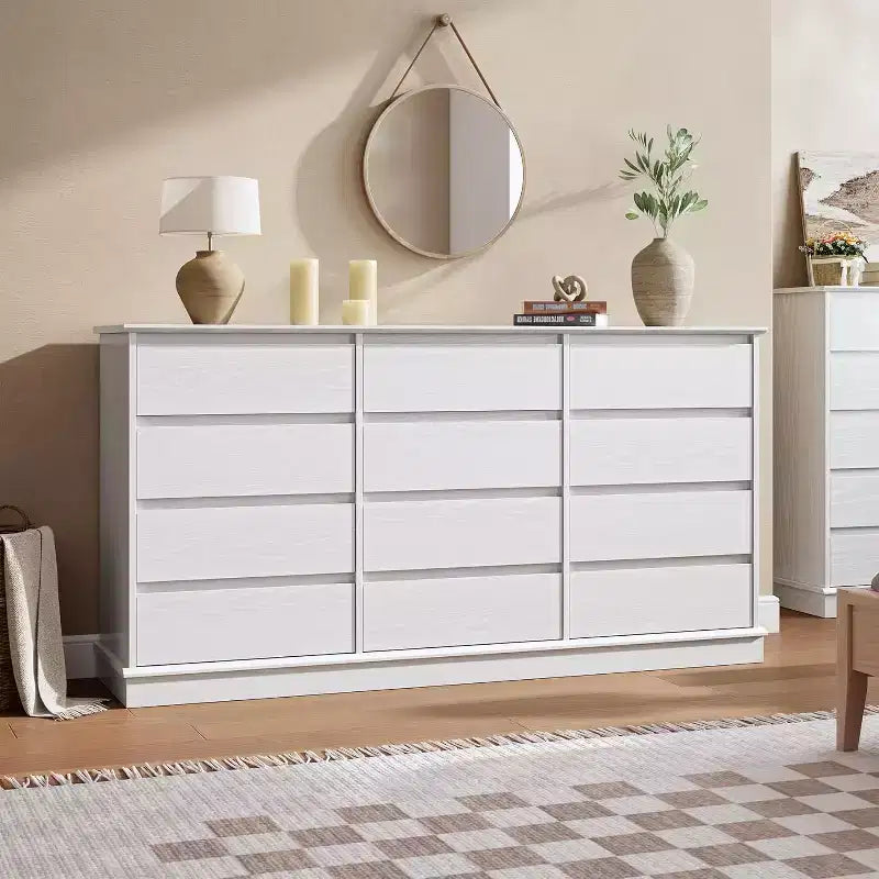 Comodino a 5-12 cassetti per camera da letto, Comodino grande doppio con cassetti profondi e piano largo, Cassettiera alta in legno