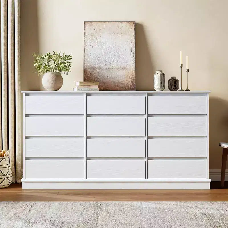 Comodino a 5-12 cassetti per camera da letto, Comodino grande doppio con cassetti profondi e piano largo, Cassettiera alta in legno