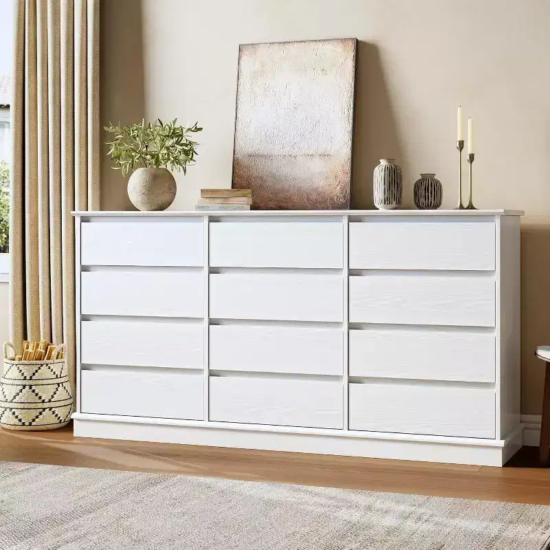 Comodino a 5-12 cassetti per camera da letto, Comodino grande doppio con cassetti profondi e piano largo, Cassettiera alta in legno