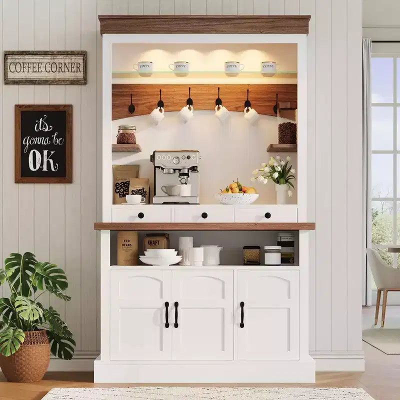 Mobile Bar Caffè con Luci LED, Credenza Alta da Fattoria con Spazio Contenitivo, Mobile Buffet con Supporto per Microonde
