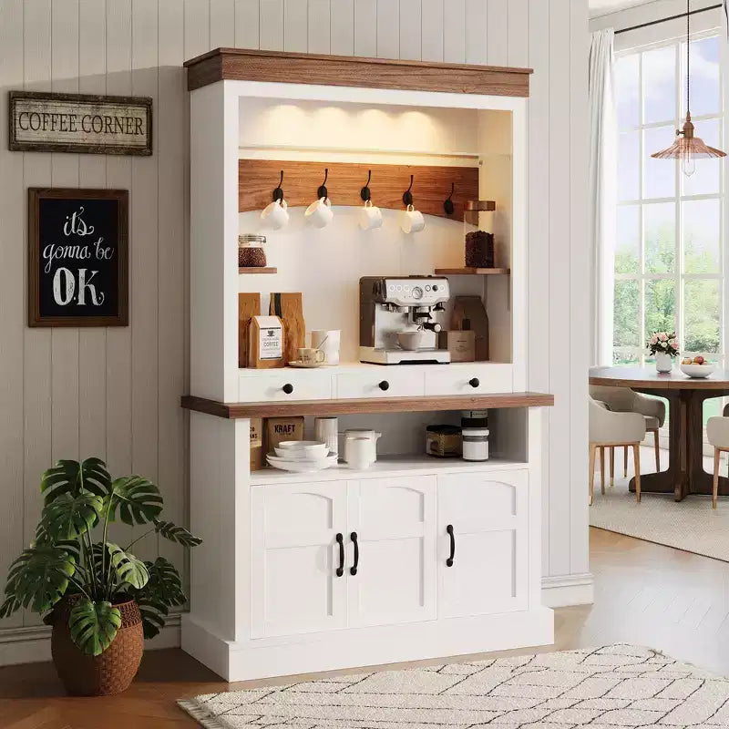 Mobile Bar Caffè con Luci LED, Credenza Alta da Fattoria con Spazio Contenitivo, Mobile Buffet con Supporto per Microonde