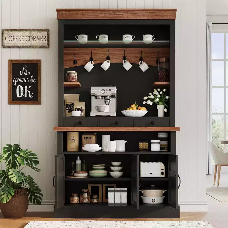 Mobile Bar Caffè con Luci LED, Credenza Alta da Fattoria con Spazio Contenitivo, Mobile Buffet con Supporto per Microonde