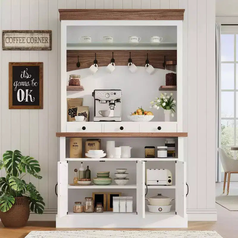 Mobile Bar Caffè con Luci LED, Credenza Alta da Fattoria con Spazio Contenitivo, Mobile Buffet con Supporto per Microonde