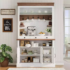 Mobile Bar Caffè con Luci LED, Credenza Alta da Fattoria con Spazio Contenitivo, Mobile Buffet con Supporto per Microonde