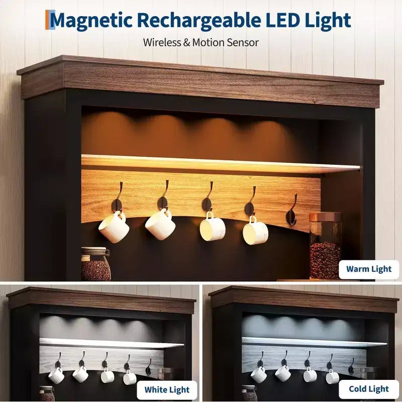 Mobile Bar Caffè con Luci LED, Credenza Alta da Fattoria con Spazio Contenitivo, Mobile Buffet con Supporto per Microonde
