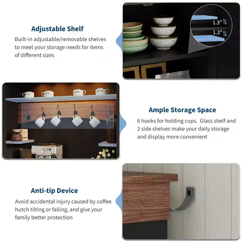 Mobile Bar Caffè con Luci LED, Credenza Alta da Fattoria con Spazio Contenitivo, Mobile Buffet con Supporto per Microonde