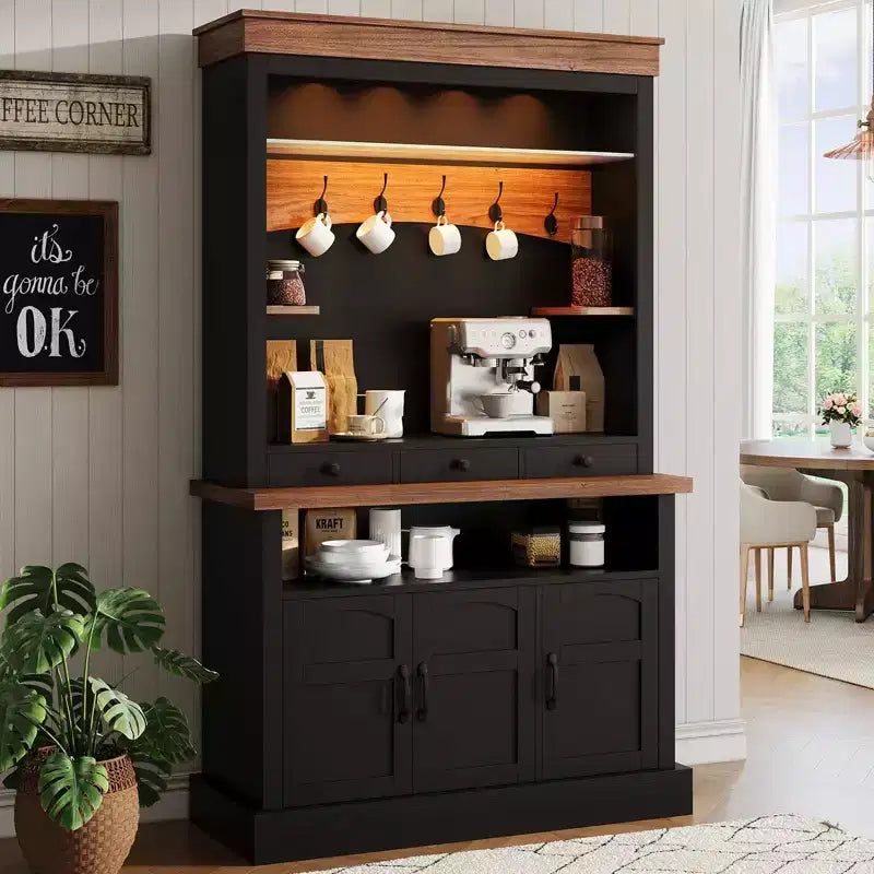 Mobile Bar Caffè con Luci LED, Credenza Alta da Fattoria con Spazio Contenitivo, Mobile Buffet con Supporto per Microonde