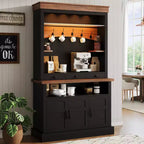 Mobile Bar Caffè con Luci LED, Credenza Alta da Fattoria con Spazio Contenitivo, Mobile Buffet con Supporto per Microonde