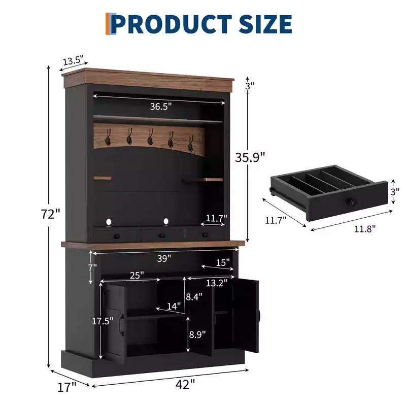 Mobile Bar Caffè con Luci LED, Credenza Alta da Fattoria con Spazio Contenitivo, Mobile Buffet con Supporto per Microonde