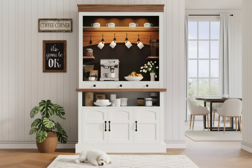 Mobile Bar Caffè con Luci LED, Credenza Alta da Fattoria con Spazio Contenitivo, Mobile Buffet con Supporto per Microonde