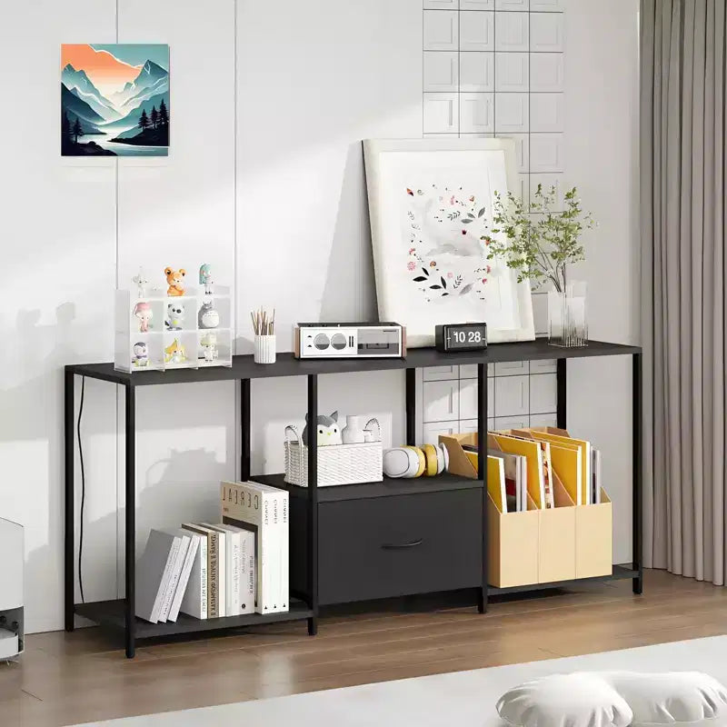 COZONY Metal and Fabric TV Stand, Modern Entertainment Center with Open Shelves & Drawer