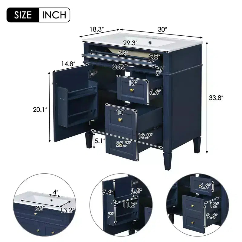 Mobile bagno da 75 cm con lavabo, mobiletto da bagno con cassetti e specchio, armadietto a specchio da bagno