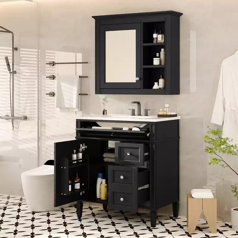 Mobile bagno da 75 cm con lavabo, mobiletto da bagno con cassetti e specchio, armadietto a specchio da bagno