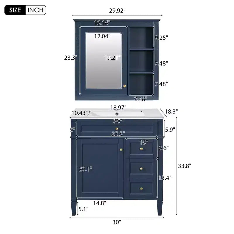 Mobile bagno da 75 cm con lavabo, mobiletto da bagno con cassetti e specchio, armadietto a specchio da bagno