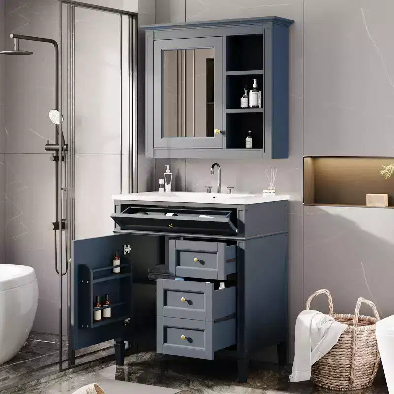 Mobile bagno da 75 cm con lavabo, mobiletto da bagno con cassetti e specchio, armadietto a specchio da bagno