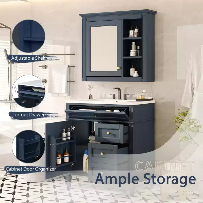 Mobile bagno da 75 cm con lavabo, mobiletto da bagno con cassetti e specchio, armadietto a specchio da bagno