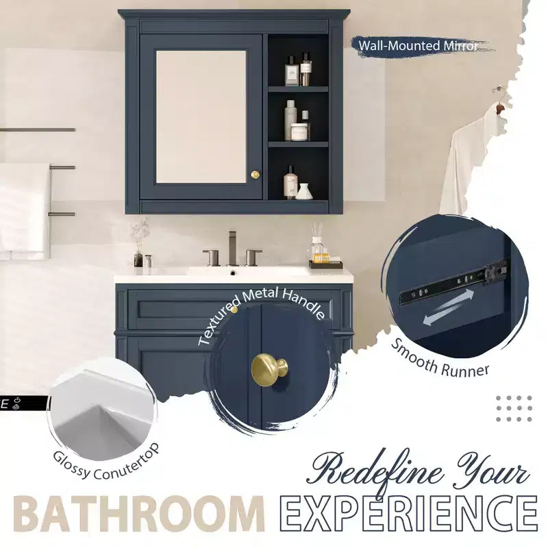 Mobile bagno da 75 cm con lavabo, mobiletto da bagno con cassetti e specchio, armadietto a specchio da bagno