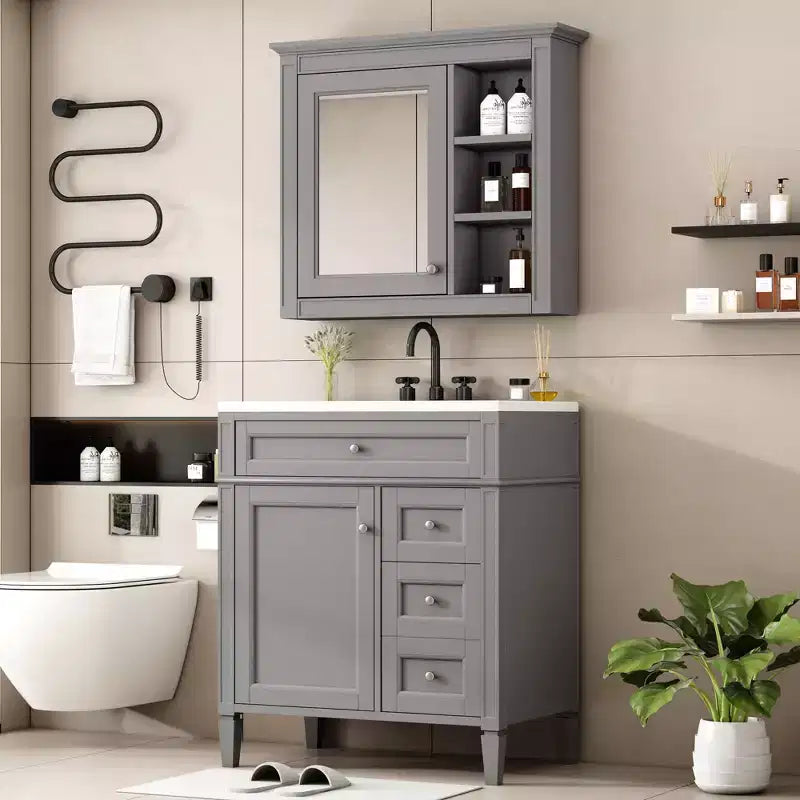 Mobile bagno da 75 cm con lavabo, mobiletto da bagno con cassetti e specchio, armadietto a specchio da bagno