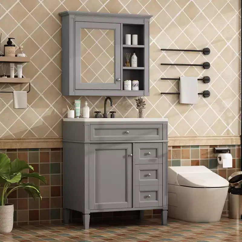 Mobile bagno da 75 cm con lavabo, mobiletto da bagno con cassetti e specchio, armadietto a specchio da bagno