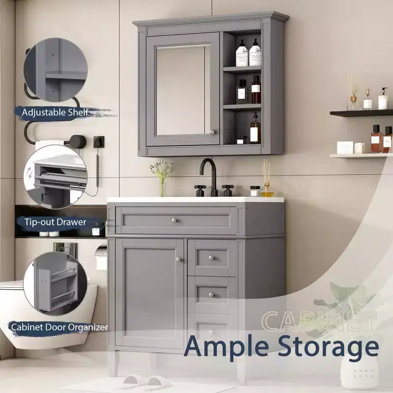 Mobile bagno da 75 cm con lavabo, mobiletto da bagno con cassetti e specchio, armadietto a specchio da bagno
