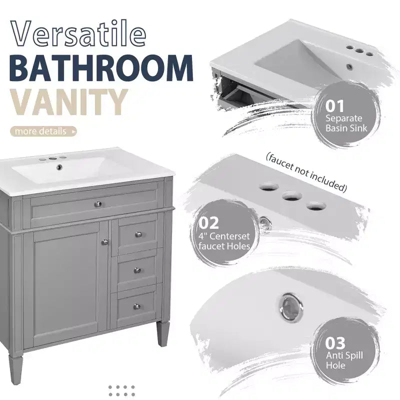 Mobile bagno da 75 cm con lavabo, mobiletto da bagno con cassetti e specchio, armadietto a specchio da bagno