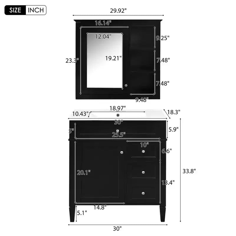 Mobile bagno da 75 cm con lavabo, mobiletto da bagno con cassetti e specchio, armadietto a specchio da bagno
