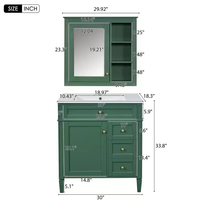 Mobile bagno da 75 cm con lavabo, mobiletto da bagno con cassetti e specchio, armadietto a specchio da bagno
