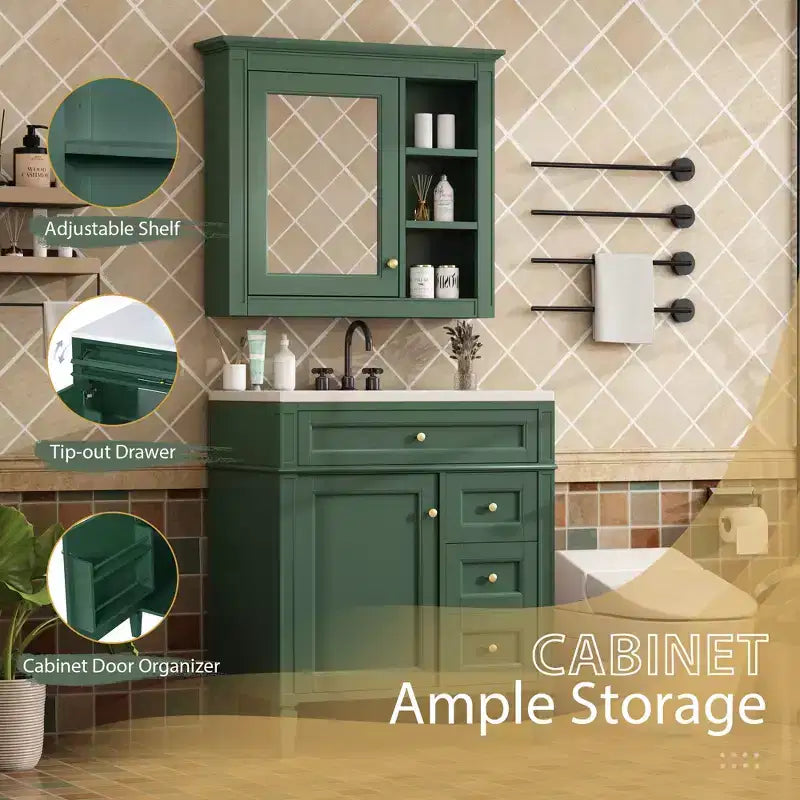 Mobile bagno da 75 cm con lavabo, mobiletto da bagno con cassetti e specchio, armadietto a specchio da bagno