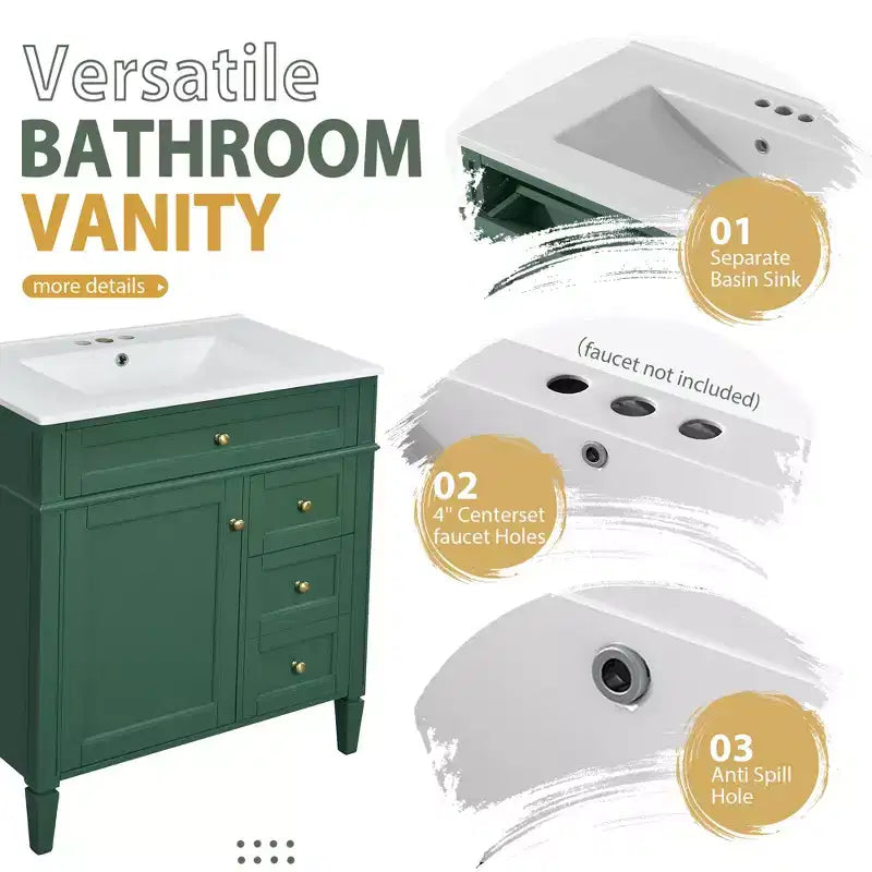 Mobile bagno da 75 cm con lavabo, mobiletto da bagno con cassetti e specchio, armadietto a specchio da bagno