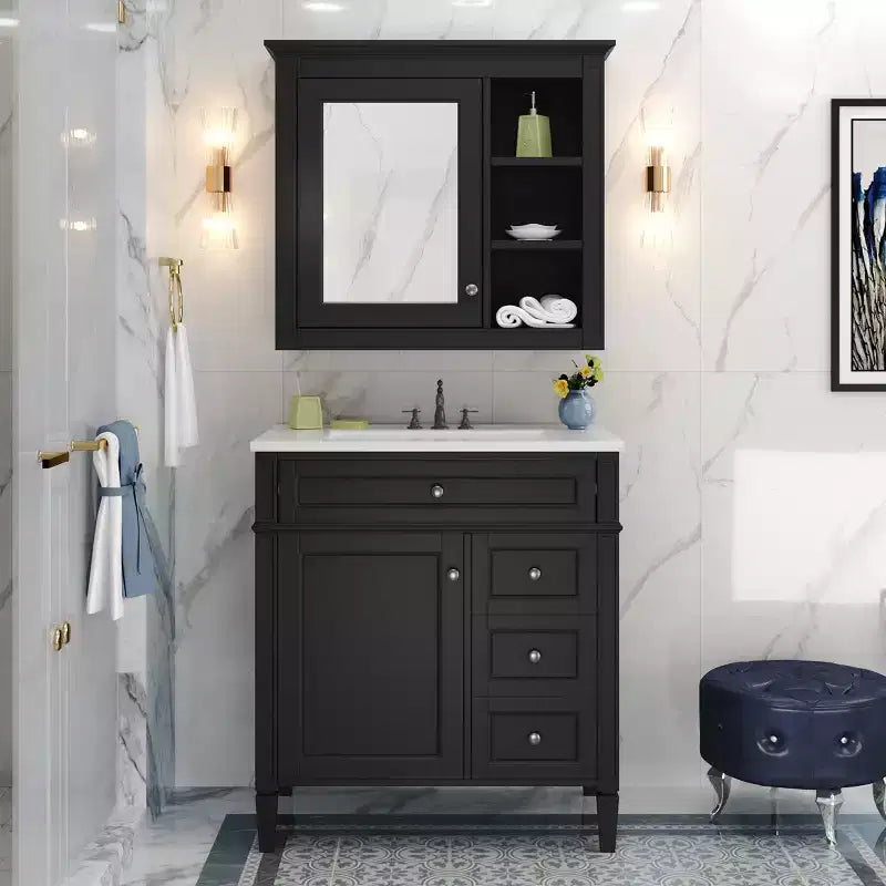 Mobile bagno da 75 cm con lavabo, mobiletto da bagno con cassetti e specchio, armadietto a specchio da bagno
