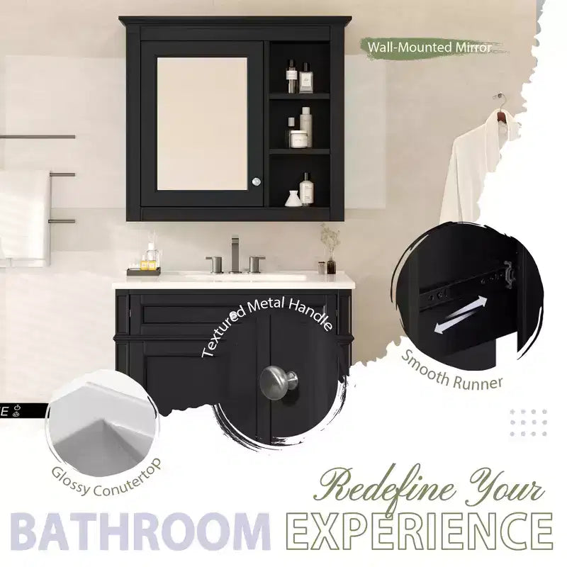 Mobile bagno da 75 cm con lavabo, mobiletto da bagno con cassetti e specchio, armadietto a specchio da bagno