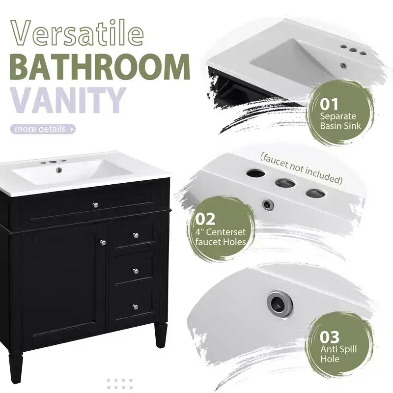 Mobile bagno da 75 cm con lavabo, mobiletto da bagno con cassetti e specchio, armadietto a specchio da bagno