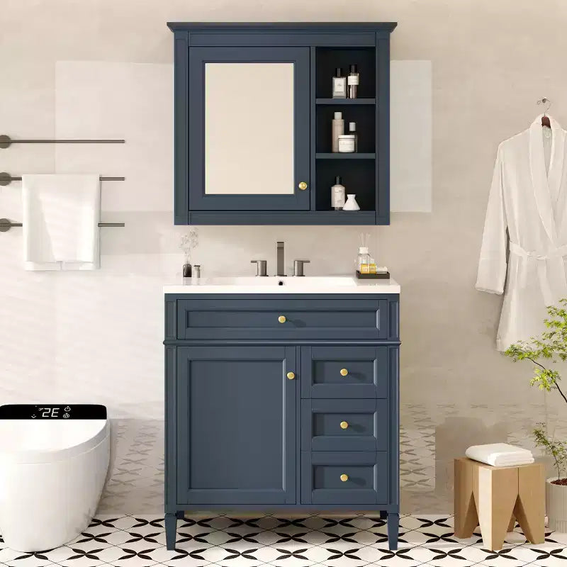 Mobile bagno da 75 cm con lavabo, mobiletto da bagno con cassetti e specchio, armadietto a specchio da bagno