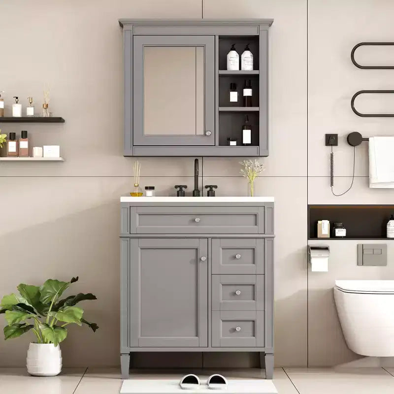 Mobile bagno da 75 cm con lavabo, mobiletto da bagno con cassetti e specchio, armadietto a specchio da bagno